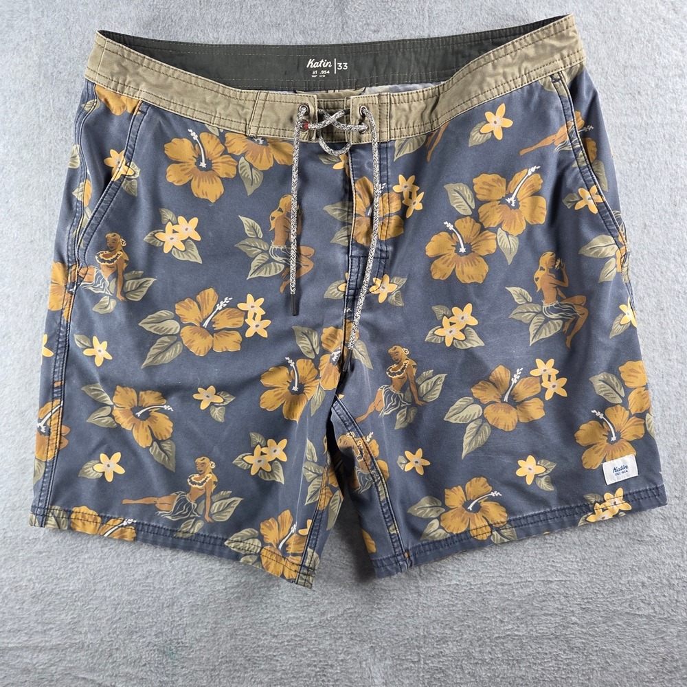 Katin Board Shorts Mens 33 Blue Floral Hula Dancer Hibiscus Surf Trunks